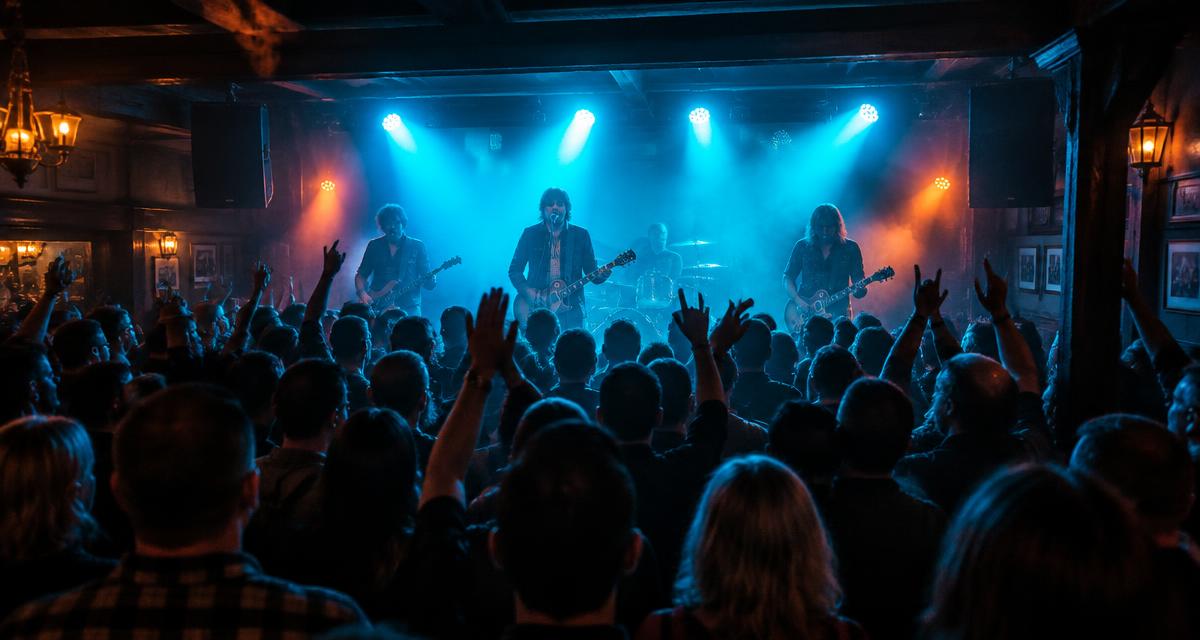 Crowd watching a tribute band under blue stage lights